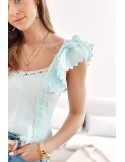 Short blouse with ruffles and guipure, light blue 517 - Online store - Boutique